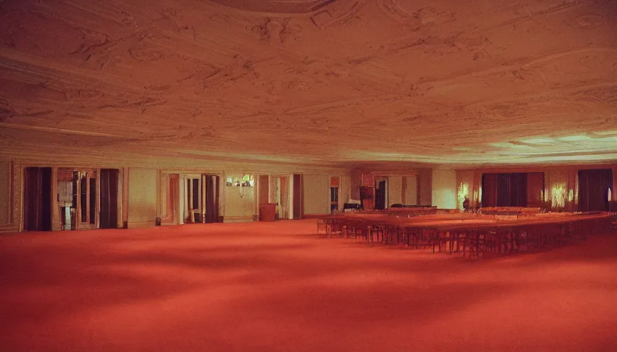 Image similar to 70s movie still of a ballroom with ceiling made of stairs , cinestill 800t Technicolor, heavy grain, high quality, criterion collection, liminal space style