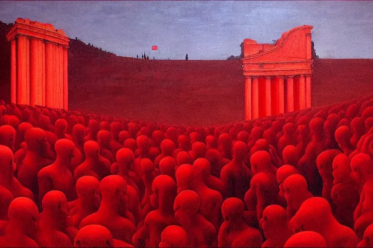 Image similar to only with red, a red melted emperor in an authoritarian position, taormina amphitheatre, crowd hails him, in the style of beksinski, parts by edward hopper, parts by rodcenko, parts by yue minjun, intricate and epic composition, red by caravaggio, insane quality, highly detailed, masterpiece, red light, artstation