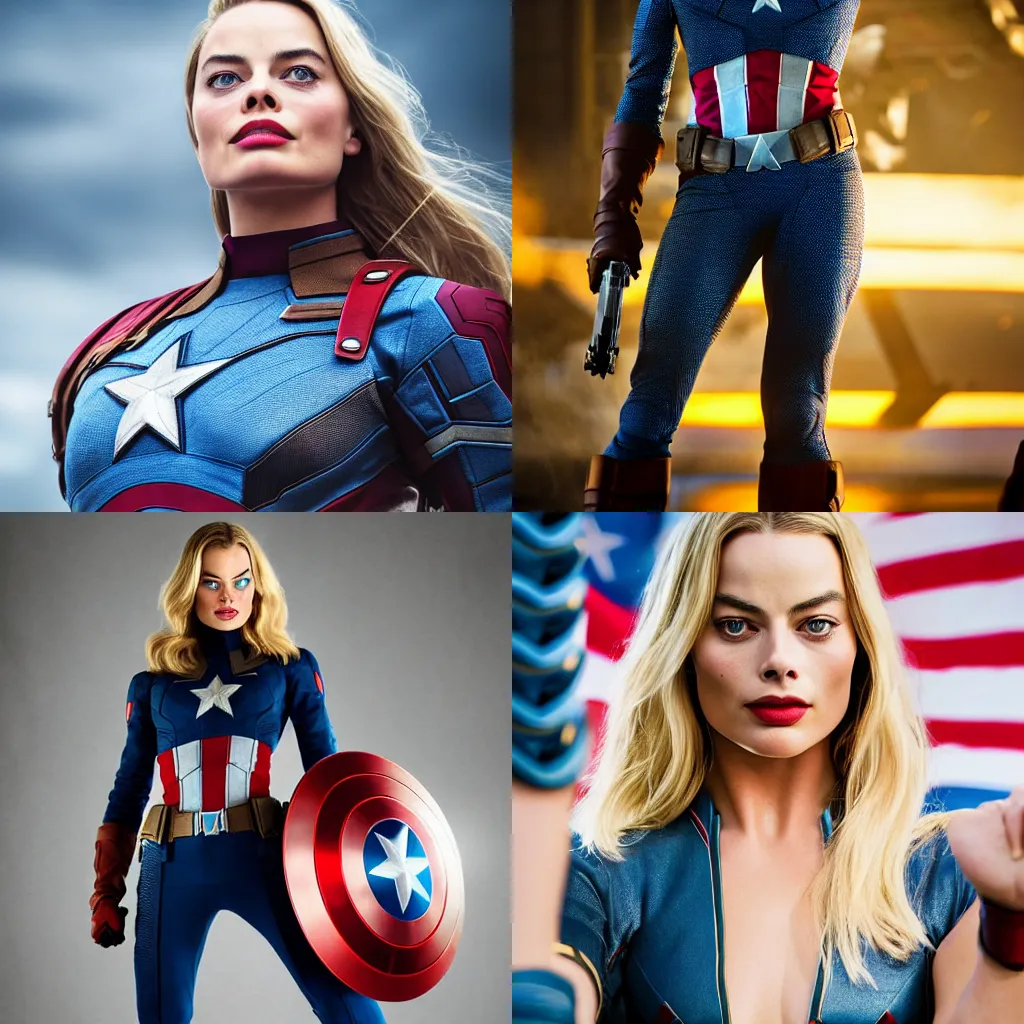 Prompt: Margot Robbie as Captain America, dlsr photograph