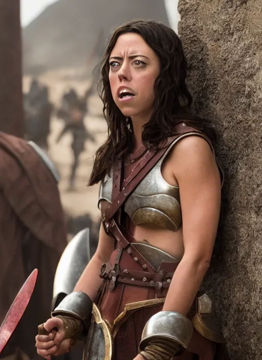 Image similar to film still of aubrey plaza as leonidas in 3 0 0 movie, 8 k