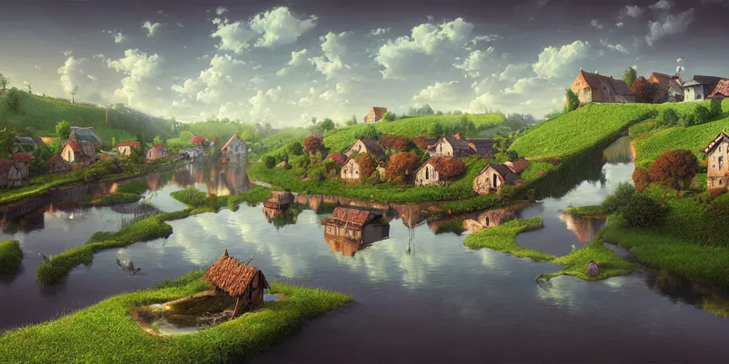 Image similar to super realistic photorealistic detailed village with a river, water, reflection, stone bridge, art by Gediminas Pranckevicius, Michelangelo