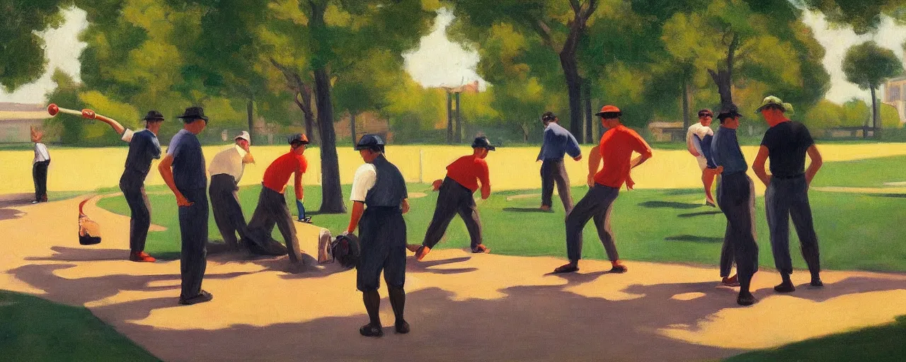 Image similar to a group of guys drinking beer and playing baseball at a local park, picture in the style of Edward Hopper
