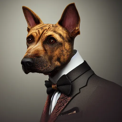 Prompt: detailed dog in a suit, micro details, 4 k, high contrast, concept art, steampunk, bokeh, portrait, offset