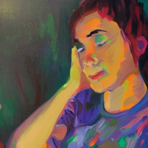 Image similar to a vivid impressionistic painting of a bored woman, she is holding a smartphone, oil on canvas, trending on artstation