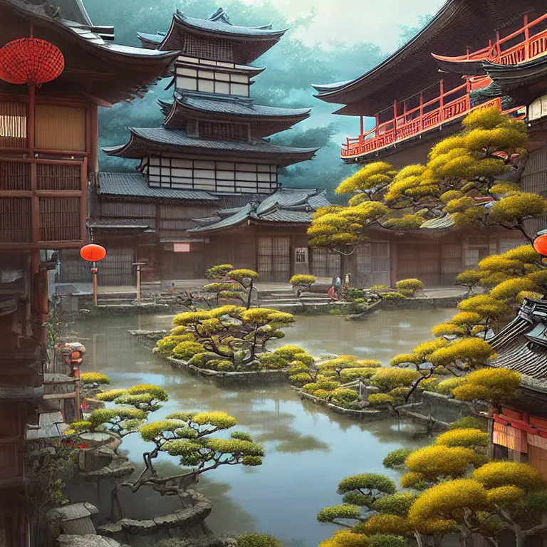 Image similar to old japanese town with garden viewed from harbor, d & d digital painting, ultra realistic, beautiful, volumetric lighting, warm colors advance, cell shading, by james jean, greg rutkowski,