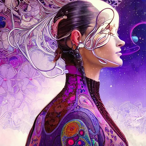 Image similar to Psychedelic Portrait of very very very very very very beautiful woman, spacesuit, purple eyes, intricate, elegant, highly detailed, trippy, dmt, digital painting, artstation, concept art, smooth, sharp focus, illustration, art by artgerm and greg rutkowski and alphonse mucha