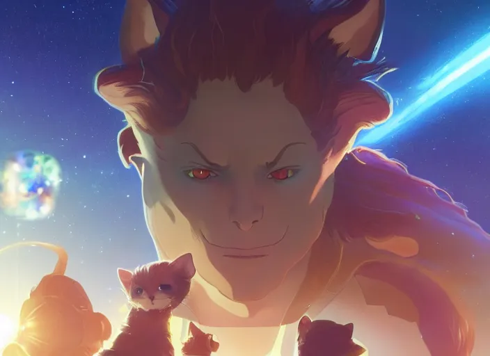 Image similar to a space handsome gay guys and their 1 0 pet space cats staring role in an awesome fun musical sci - fi space opera ghibli animated film, volumetric lighting, octane render by stanley artgerm lau, greg rutkowski, thomas kindkade, alphonse mucha, loish, norman rockwel, 8 k greg rutkowski