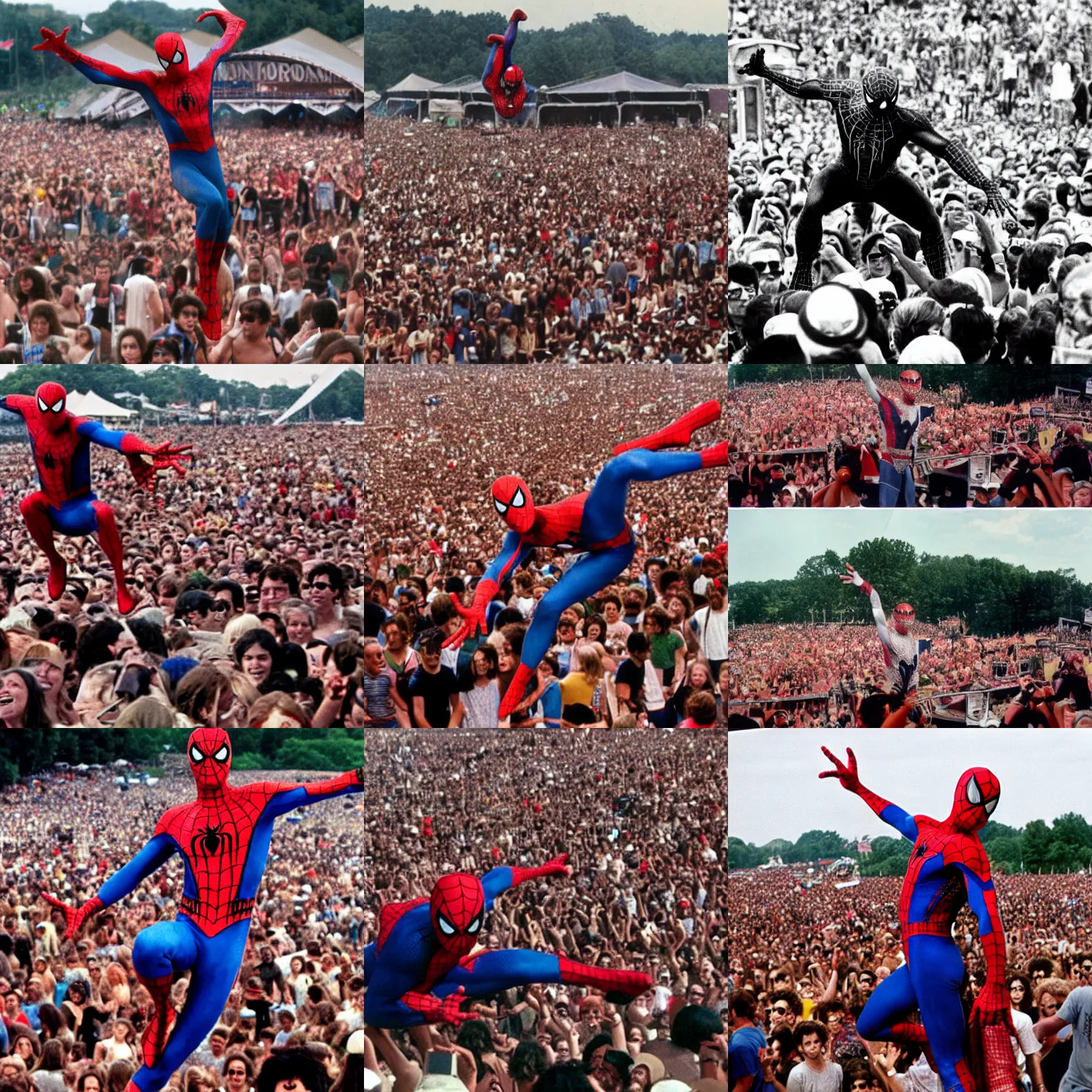 Image similar to spiderman perfoming at woodstock, crowd of people