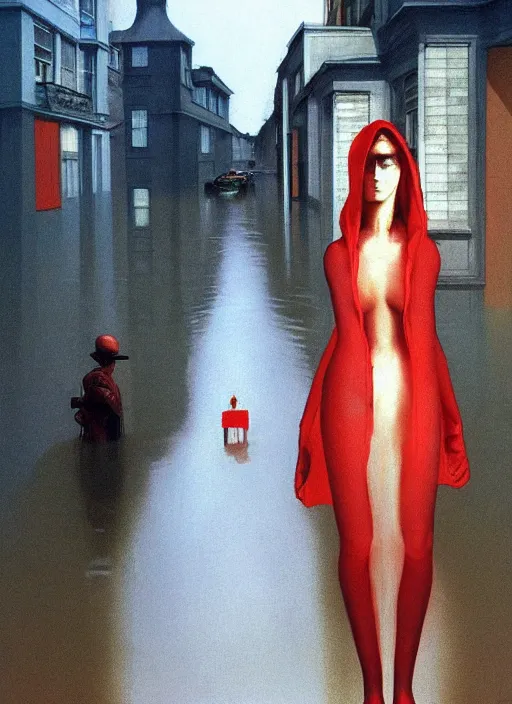 Image similar to futuristic woman dressed in transparent red plastic bags, on flooded street Edward Hopper and James Gilleard, Zdzislaw Beksinski, highly detailed