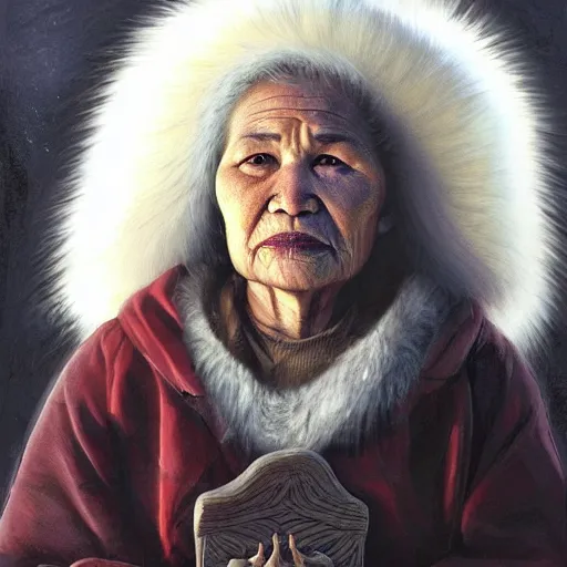 Image similar to A beautiful print of a stern looking elderly Inuit woman with short white hair and dark skin. She is wearing a traditional Inuit parka with fur trim and is holding a small carving in her hand. Her expression is one of strength and wisdom. Howl’s Moving Castle by Diego Dayer, by Dain Yoon, by Peter Andrew Jones frightful