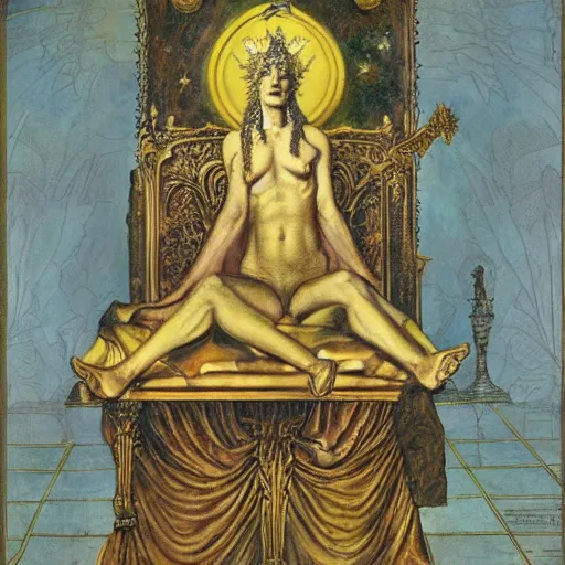 Prompt: the morning star, emperor of the world, sits in his golden throne, pensive by austin osman spare and roberto ferri