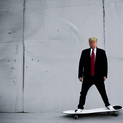 Image similar to cinematic shot of donald trump holding a skateboard, white hoodie, black jeans,