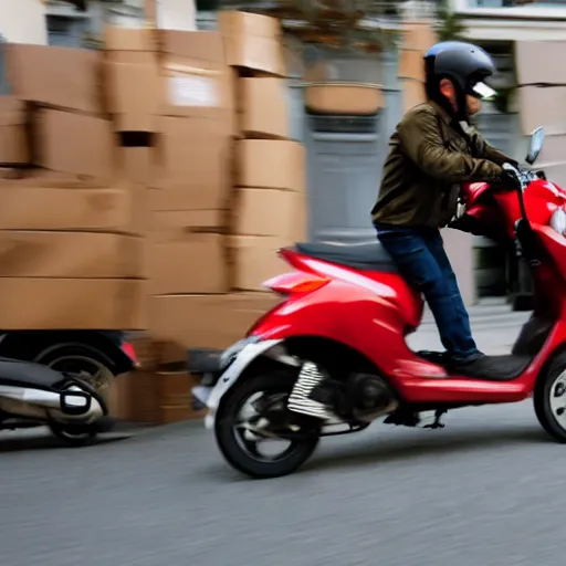 Image similar to delivery driver on scooter delivering boxes, extremely high quality, artistic rendering, cartoon, top - rated, award winning, realistic, sharp, no blur, edited, corrected colour, white background, trending