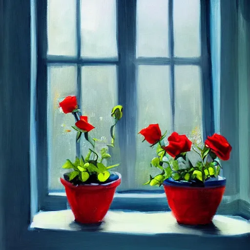 Prompt: A painting of a windowsill with flowers. Red roses. Blue Violas. The natural light from the window would be shining in on the scene. Trending on artstation