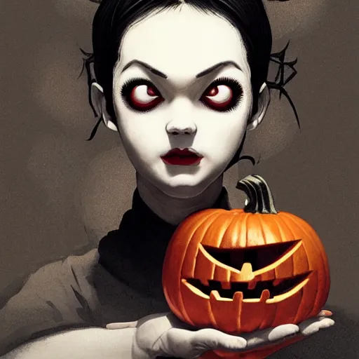 Image similar to scary female pumpkin nurse, symmetrical face, evil grin, portrait size, cinematic, dramatic, super detailed and intricate, by koson ohara, by darwyn cooke, by greg rutkowski, by satoshi kon