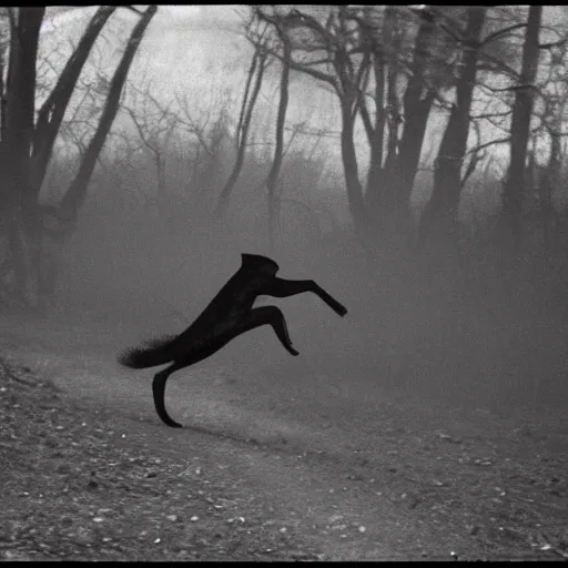 Prompt: black and white photograph of an unidentified creature chasing you