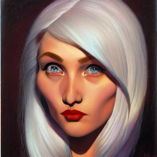 Prompt: young woman with mid-length white hair. In the style of Greg Hildebrandt.