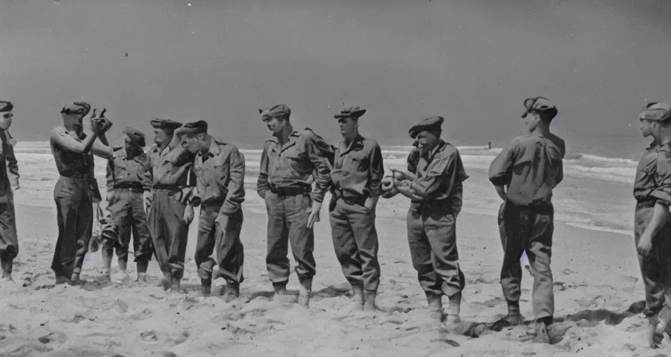 Image similar to 1940s photo, long shot, 5 soldiers looking at a huge creature washed up on a beach