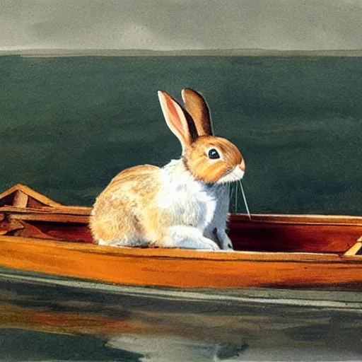 Image similar to a rabbit sitting in a rowboat in the style of Anders Zorn