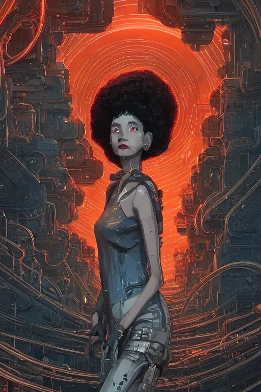 Image similar to highly detailed portrait of sci - fi long curly blue haired lady, stray wiring by atey ghailan, james gilleard, by joe fenton, by greg rutkowski, by greg tocchini, by kaethe butcher, 4 k resolution, gradient red, orange, black and white color scheme!!! ( ( nebula dystopian city spiral background ) )