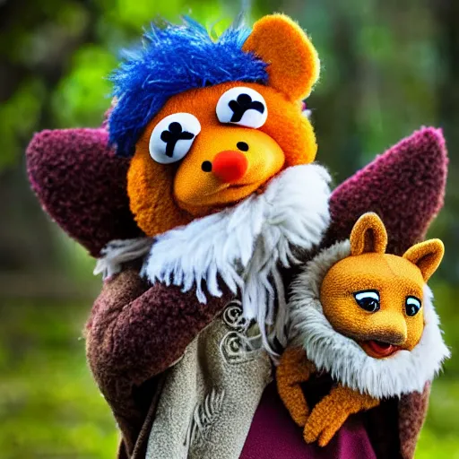 Prompt: a chibi foxfolk muppet druid wearing a hooded cloak holding a small muppet animal with a small herd of random muppet animals following behind, sesame street, photograph, photography, ultrarealistic, national geographic