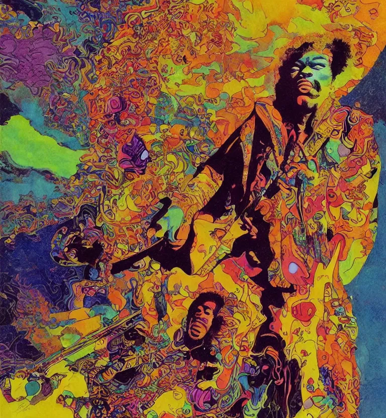 Prompt: jimi hendrix full body, colourful afrofuturist biomorphic scifi opart in background by moebius and roger dean, 8 k