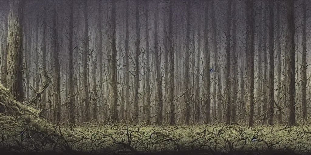 Image similar to artwork by john howe of the cinematic view of a desolate, radioactive forest