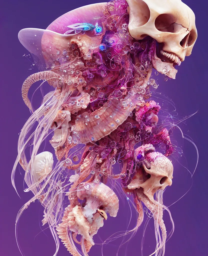 Image similar to goddess princess beautiful face close-up portrait ram skull. jellyfish phoenix head, nautilus, orchid, skull, betta fish, bioluminiscent creatures, intricate artwork by Tooth Wu and wlop and beeple. octane render, trending on artstation, greg rutkowski very coherent symmetrical artwork. cinematic, hyper realism, high detail, octane render, 8k