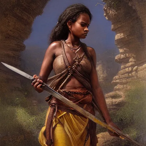 Image similar to artstation concept of a beautiful girl holding a sword in both hands, brown skin, sweaty skin, symmetrical face, casual white garment, brown canyon background, shiny colorful, hyperdetailed, artstation trending, world renowned artists, worth1000.com, historic artworks society, antique renewel, cgsociety, by greg rutkowski, by Gustave Dore, Deviantart