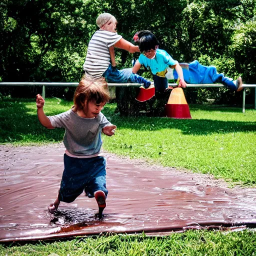 Image similar to kid going down chocolate pudding slip n slide head first, photo taken at the park