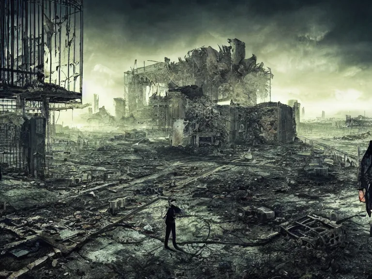 Image similar to postapocalyptic picture of caged raven, ruins around, nuclear explosion, erik johansson style, conceptual art, the last day on the earth, insane detail, hyper realistic 8 k textured