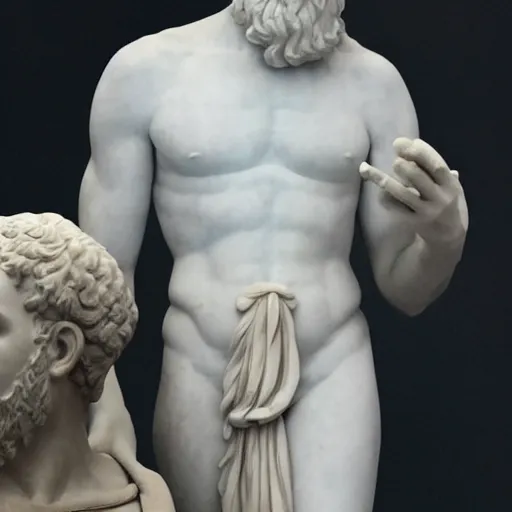 Prompt: marble statue of Plato wearing a virtual reality headset, Michelangelo