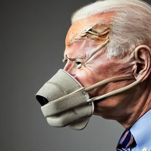 Prompt: uhd candid photo of joe biden wearing a basket muzzle, with accurate face, real muzzle, uhd, studio lighting, correct face, photo by annie leibovitz