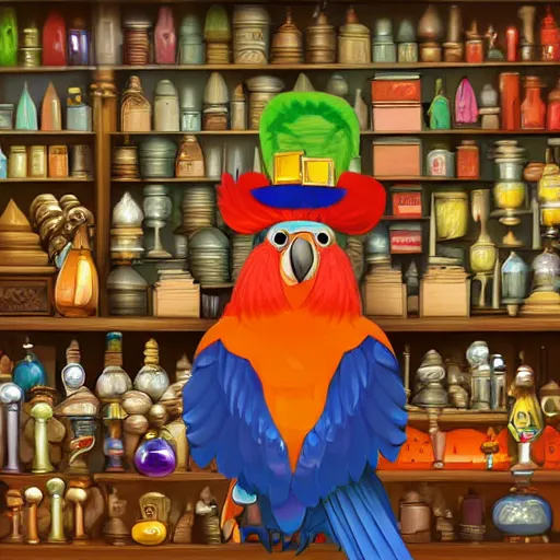 Image similar to Digital art of Anthropomorphized parrot trader in his shop, shelves full, selling a gem, portrait, items, magic potions, carpet, window, fancy funny hat, sly expression , cunning expression, cute expression, presenting magic gem, D&D, fantasy, cinematic lighting, highly detailed, digital painting, artstation, concept art, smooth, sharp focus, illustration, warm light, cozy warm tint, magic the gathering artwork, volumetric lighting, 8k, no gold, no gold colours, art by Akihiko Yoshida and Greg Rutkowski