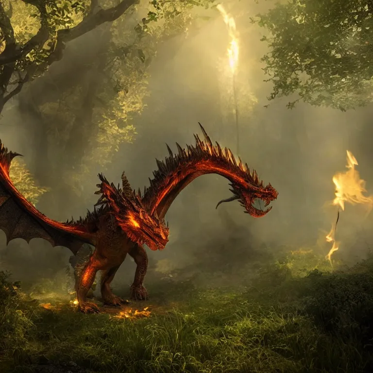 Image similar to A dragon, breathing fire, in a fantasy forest. Fantasy Demo in Unreal Engine. Beautiful glow off the fire. Terrifying Welsh dragon with bright eyes.