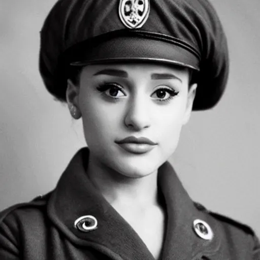 Prompt: ariana grande as a german solider in world war 2 taken with a 1 9 4 0's camera