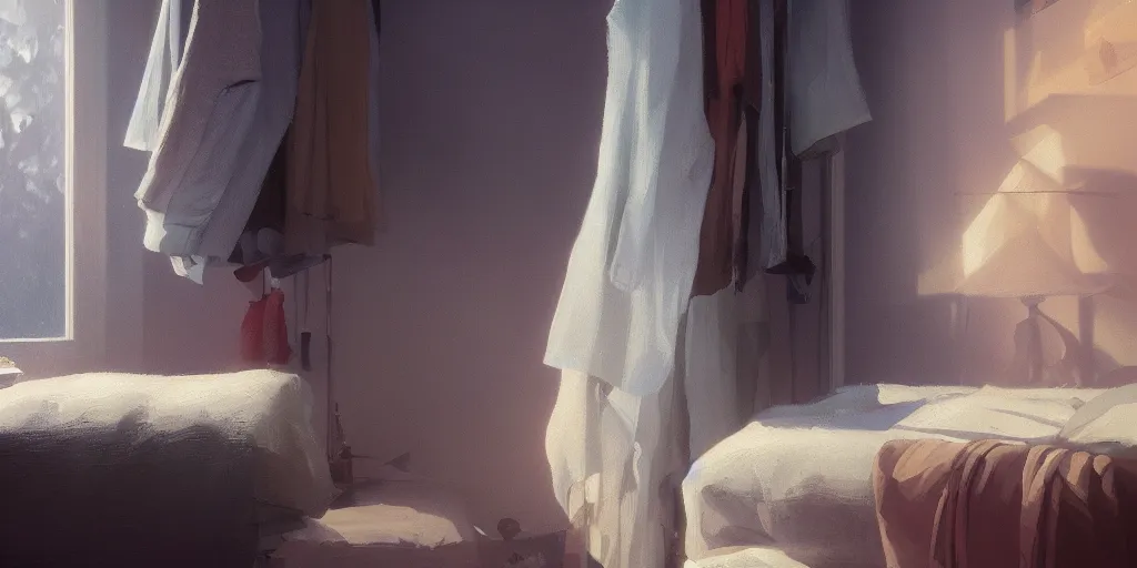 Prompt: a rack of clothing in a bedroom, close-up, extremely detailed oil painting, unreal 5 render, rhads, Bruce Pennington, Studio Ghibli, tim hildebrandt, digital art, octane render, beautiful composition, trending on artstation, award-winning photograph, masterpiece