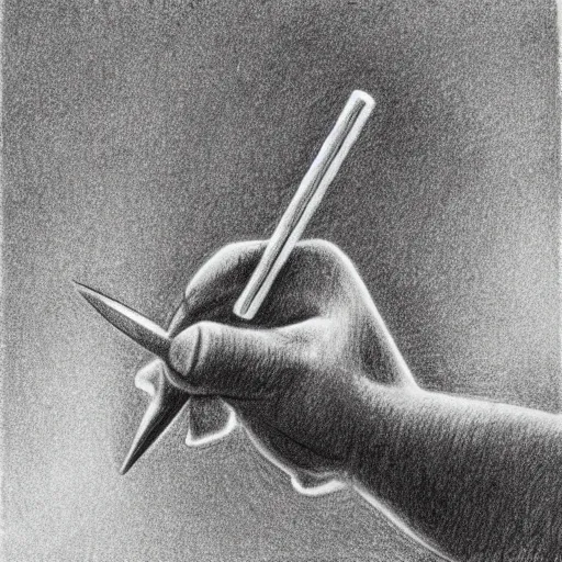 Image similar to pencil drawing of a hand holding a knife dripping with sticky yellow residue, hand and knife are black and white