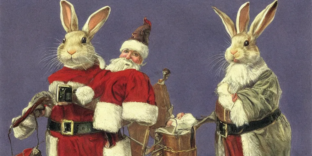 Image similar to a rabbit dressed as a swedish santa, christmas postcard, in the style of anders zorn