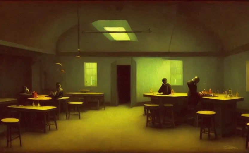 Image similar to Inside a tavern, Edward Hopper and James Gilleard, Zdzislaw Beksinski, Mark Ryden, Wolfgang Lettl highly detailed, hints of Yayoi Kasuma