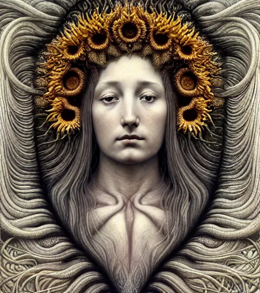 Prompt: detailed realistic beautiful sunflower goddess face portrait by jean delville, gustave dore, iris van herpen and marco mazzoni, art forms of nature by ernst haeckel, art nouveau, symbolist, visionary, gothic, neo - gothic, pre - raphaelite, fractal lace, intricate alien botanicals, ai biodiversity, surreality, hyperdetailed ultrasharp octane render