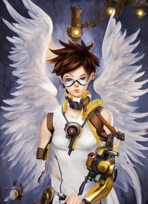 Image similar to full body oil painting of tracer overwatch in the style of sophie anderson, angel wings, white dress, dramatic painting, symmetrical composition, ornate, high detail, gold detailed collar, blooming, lights, flowers,