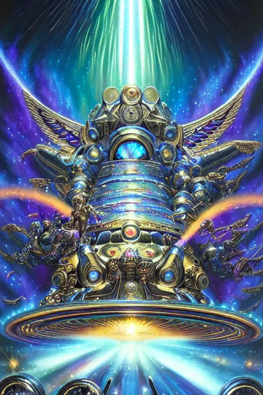 Prompt: a photorealistic detailed cinematic image of iridescent metallic futuristic guardian warrior spirits flying chariot guiding a departed soul crossing the ornate portal to the afterlife. powerful, triumph, glory, astonishing, met by friends and family, overjoyed, by pinterest, david a. hardy, kinkade, lisa frank, wpa, public works mural, socialist