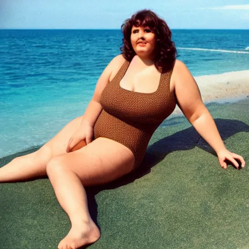 Image similar to a chubby woman with light brown hair and green eyes lounging at the beach wearing a one - piece swimsuit