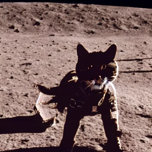 Image similar to a far away photo of a cat in a spacesuit designed for a cat walking on the surface of the moon, photorealistic