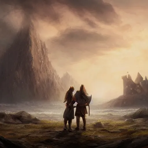 Prompt: epic portrait two viking couple holding hands and watching a city being destoryed in far distance, Blurry backround, explosions, cloudy, digital painting, artstation, concept art, soft light, hdri, smooth, sharp focus, illustration, fantasy, intricate, elegant, highly detailed, D&D, matte painting, in the style of Greg Rutkowski and Alphonse Mucha and artemisia, 8k, highly detailed, jurgens, rutkowski, bouguereau, pastoral, rustic, georgic