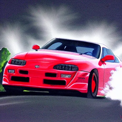 Image similar to toyota supra flying through the skies leaving a vapor trail, children's drawing, insanely detailed