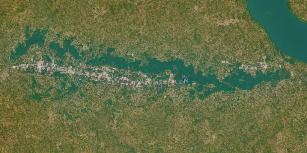 Image similar to satellite view of a town shaped like an alligator