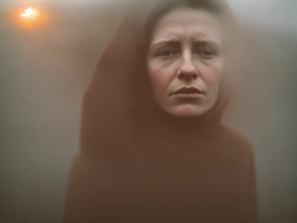 Image similar to close up portrait bust of woman, solemn expression, faded color film, russian cinema, tarkovsky, kodachrome, heavy forest, wood cabin in distance, shallow depth of field, long brown hair, old clothing, heavy fog, atmospheric haze, brown color palette, sunset, low light, hudson river school, 4 k, dramatic lighting