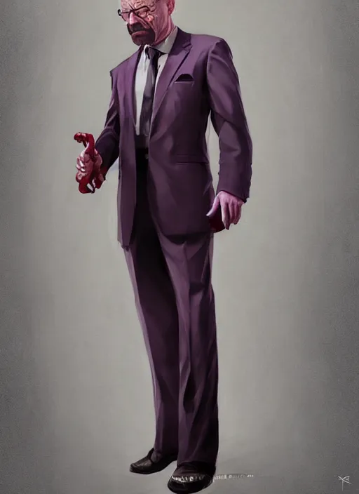 Prompt: Walter White wearing a dark purple suit, elegant, digital painting, concept art, smooth, sharp focus, illustration, from StarCraft by Ruan Jia and Mandy Jurgens and Artgerm and William-Adolphe Bouguerea